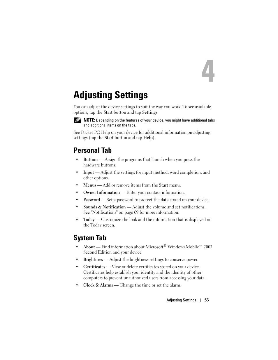 Adjusting settings, Personal tab, System tab | 4 adjusting settings | Dell Axim X50 User Manual | Page 53 / 174