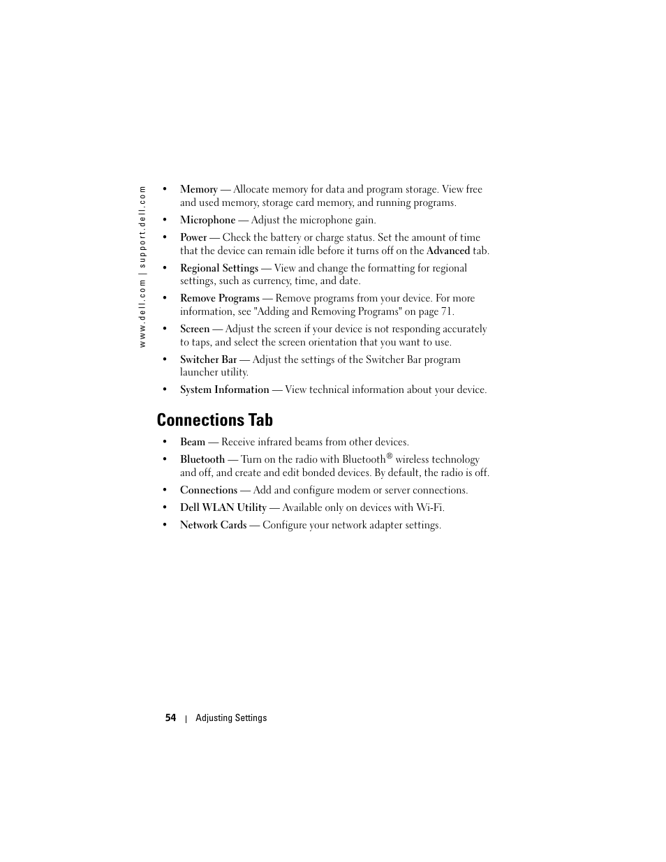 Connections tab | Dell Axim X50 User Manual | Page 54 / 174