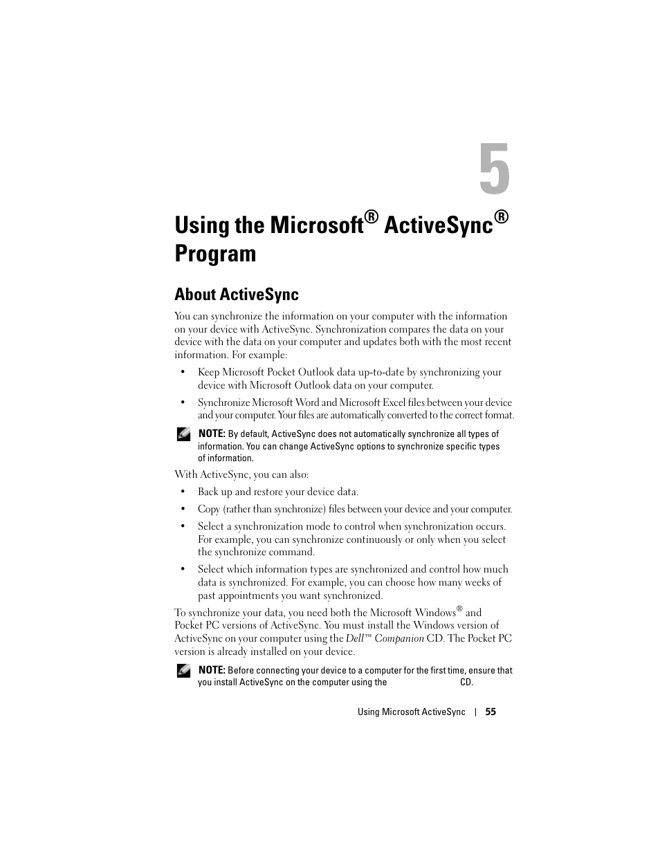 Using the microsoft® activesync® program, About activesync, Using the microsoft | Activesync, Program | Dell Axim X50 User Manual | Page 55 / 174
