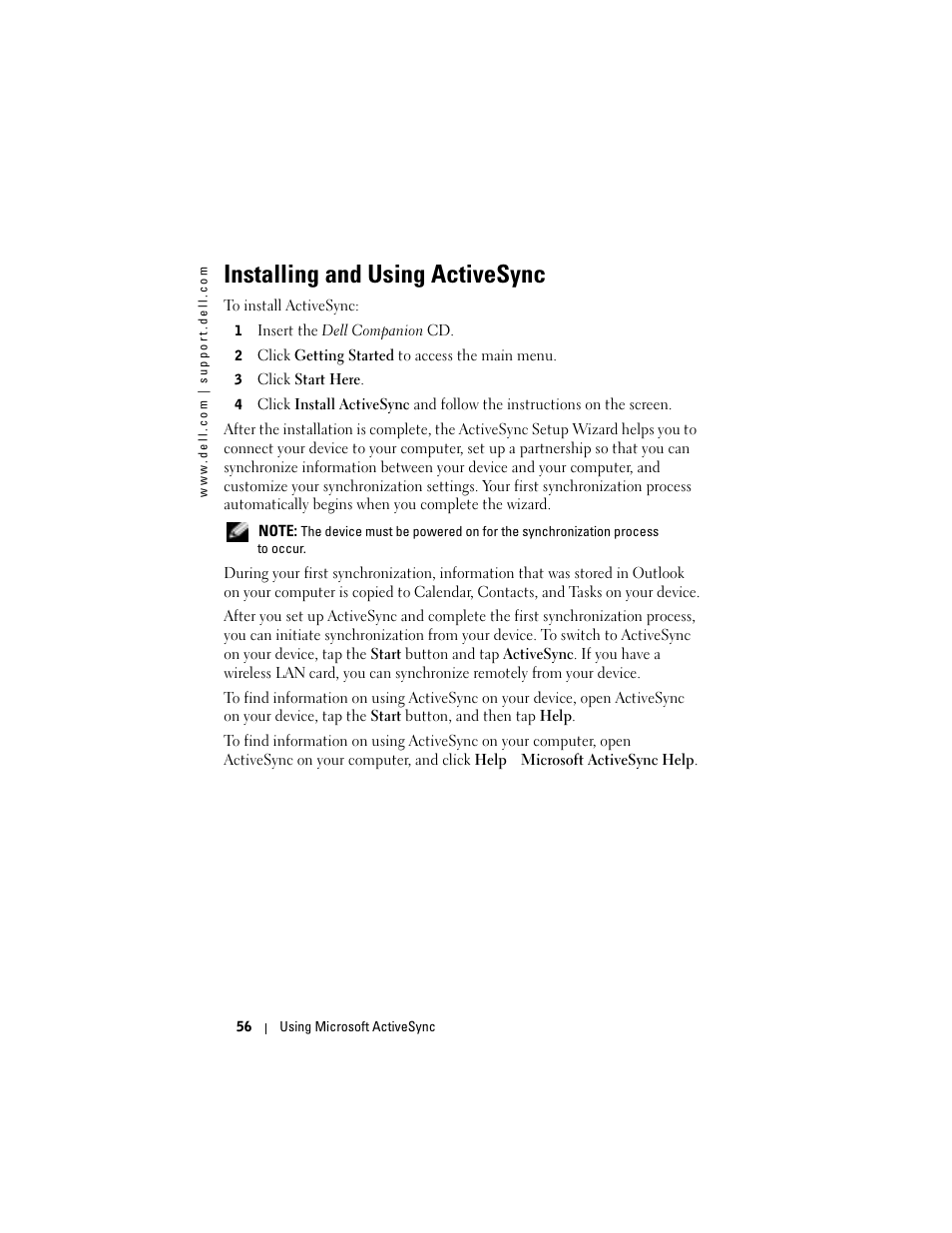 Installing and using activesync | Dell Axim X50 User Manual | Page 56 / 174