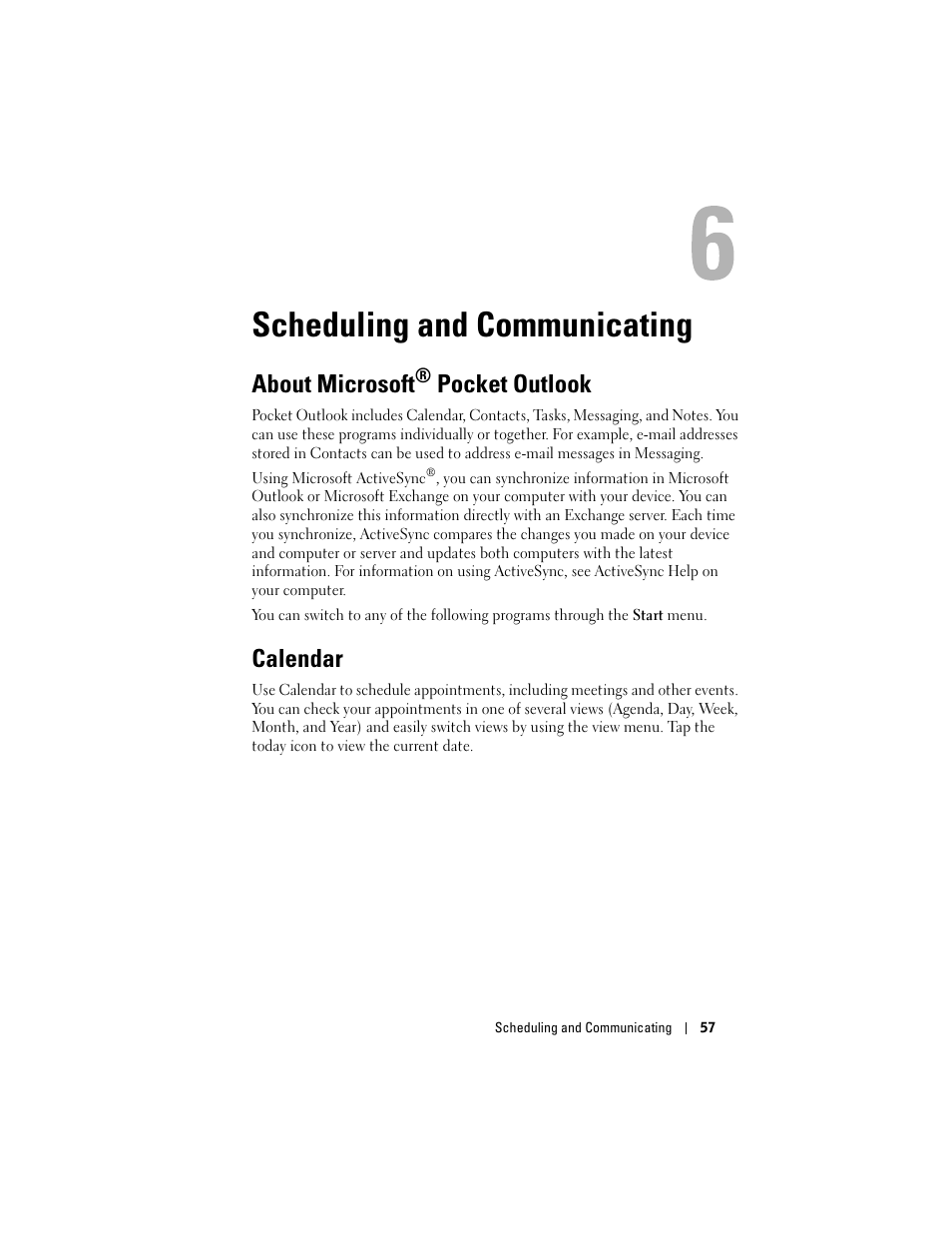 Scheduling and communicating, About microsoft® pocket outlook, Calendar | 6 scheduling and communicating, About microsoft, Pocket outlook | Dell Axim X50 User Manual | Page 57 / 174