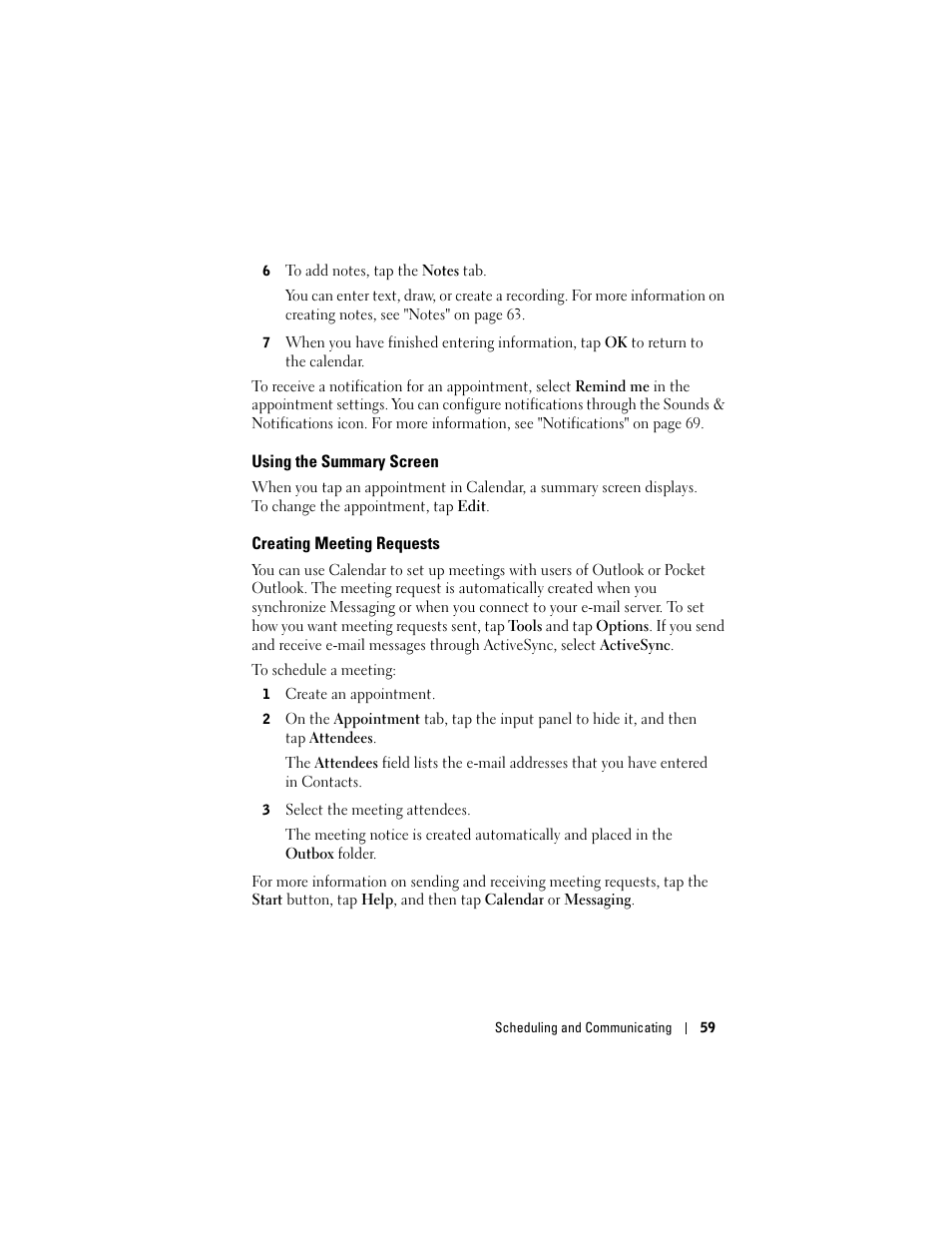 Using the summary screen, Creating meeting requests | Dell Axim X50 User Manual | Page 59 / 174