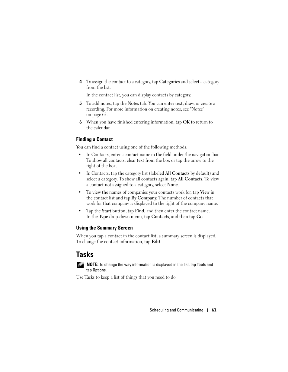 Finding a contact, Using the summary screen, Tasks | Dell Axim X50 User Manual | Page 61 / 174