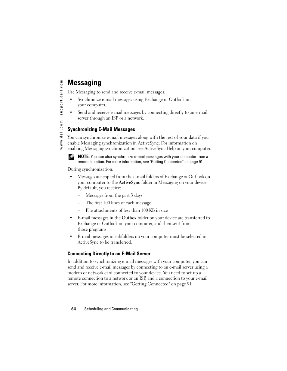 Messaging, Synchronizing e-mail messages, Connecting directly to an e-mail server | Dell Axim X50 User Manual | Page 64 / 174