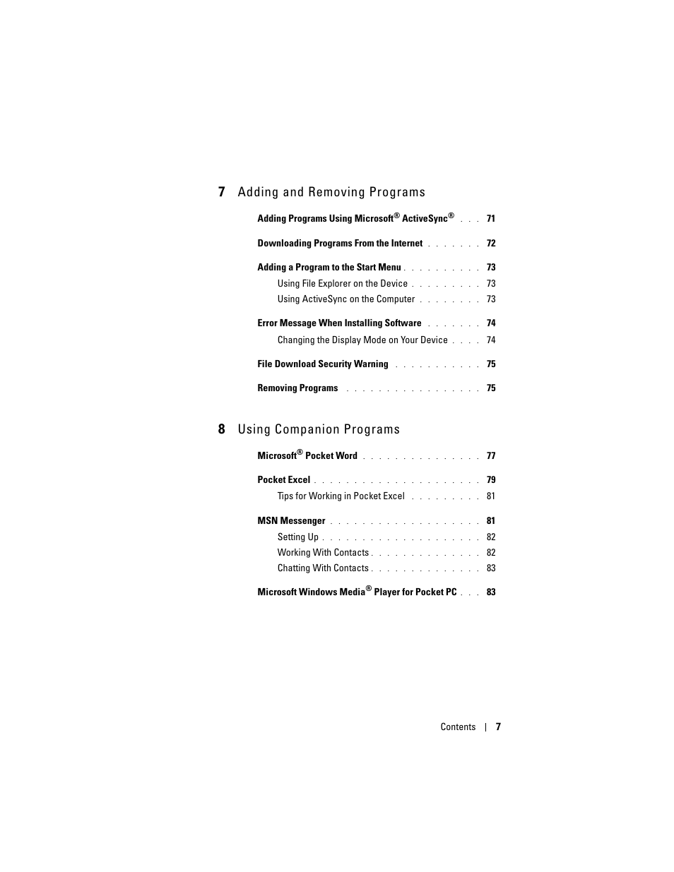 7 adding and removing programs, 8 using companion programs | Dell Axim X50 User Manual | Page 7 / 174