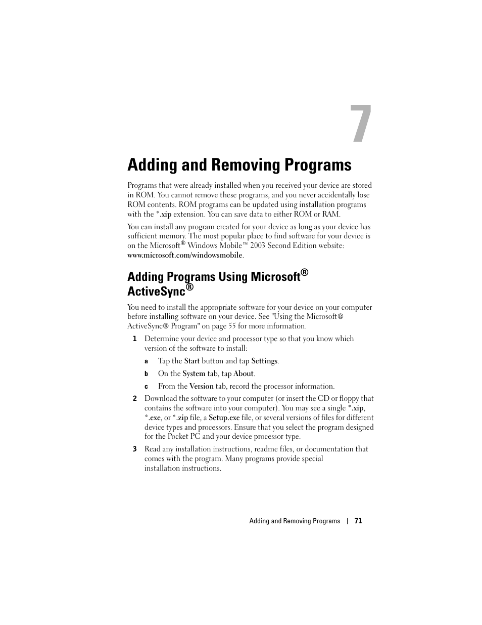 Adding and removing programs, Adding programs using microsoft® activesync, 7 adding and removing programs | Adding programs using microsoft, Activesync | Dell Axim X50 User Manual | Page 71 / 174