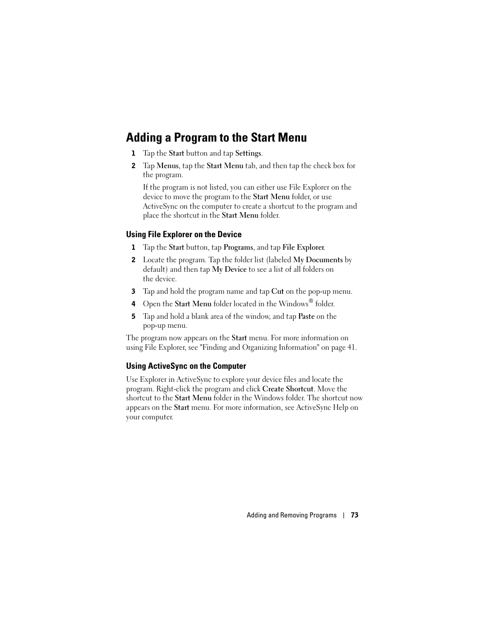 Adding a program to the start menu, Using file explorer on the device, Using activesync on the computer | Dell Axim X50 User Manual | Page 73 / 174