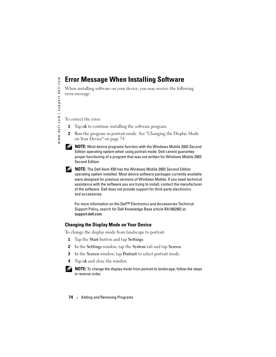 Error message when installing software, Changing the display mode on your device | Dell Axim X50 User Manual | Page 74 / 174