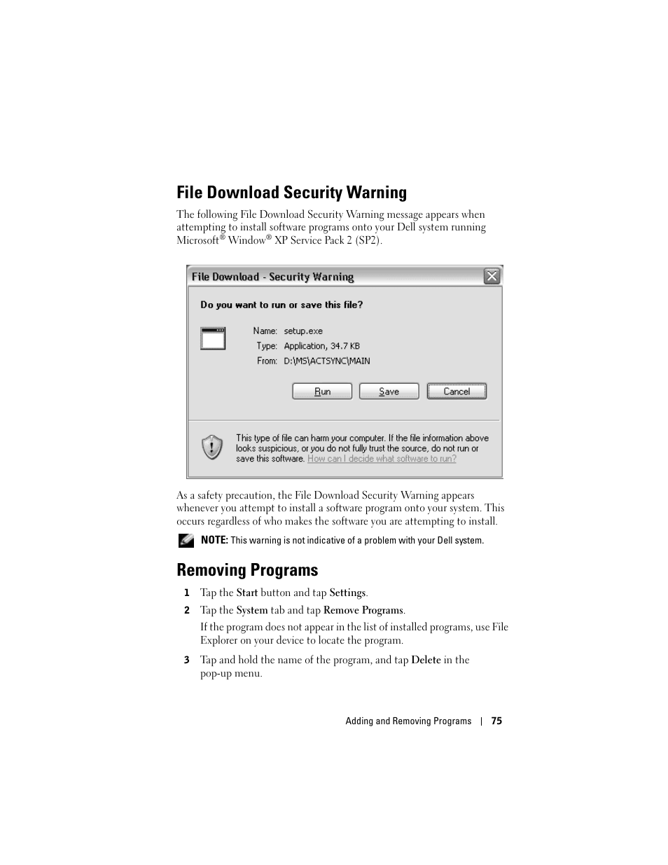 File download security warning, Removing programs | Dell Axim X50 User Manual | Page 75 / 174