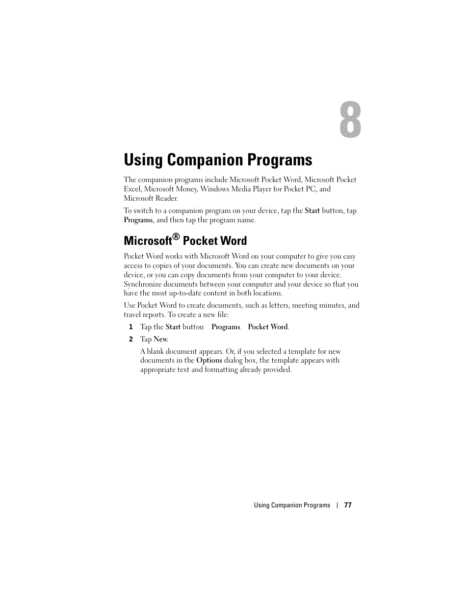Using companion programs, Microsoft® pocket word, 8 using companion programs | Microsoft, Pocket word | Dell Axim X50 User Manual | Page 77 / 174