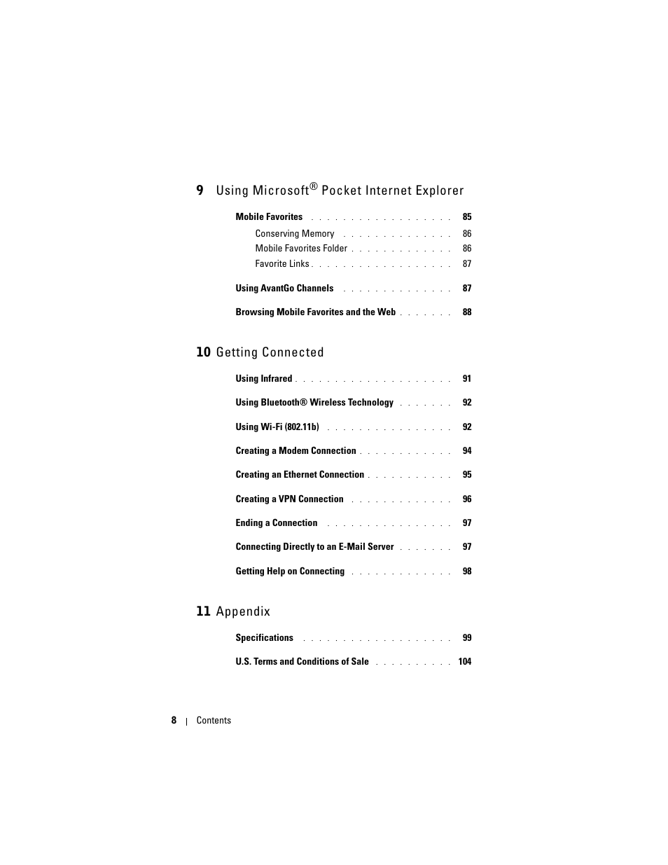 9 using microsoft, Pocket internet explorer, 10 getting connected | 11 appendix | Dell Axim X50 User Manual | Page 8 / 174