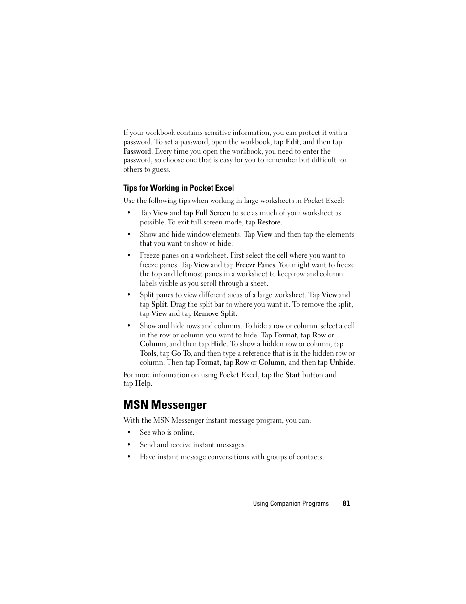 Tips for working in pocket excel, Msn messenger | Dell Axim X50 User Manual | Page 81 / 174