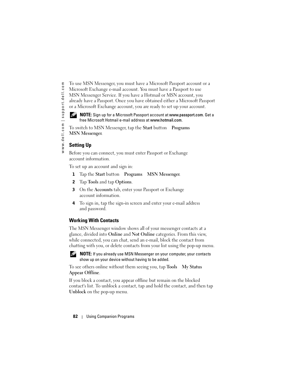 Setting up, Working with contacts | Dell Axim X50 User Manual | Page 82 / 174