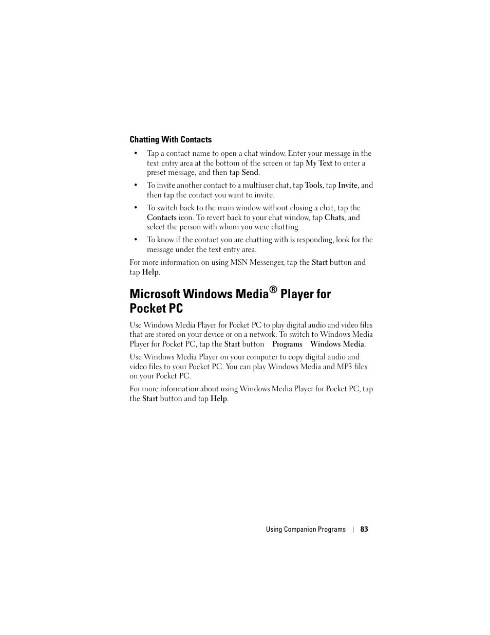 Chatting with contacts, Microsoft windows media® player for pocket pc, Microsoft windows media | Player for pocket pc | Dell Axim X50 User Manual | Page 83 / 174