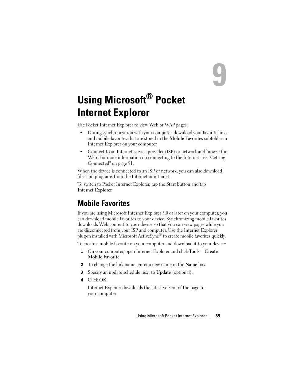 Using microsoft® pocket internet explorer, Mobile favorites, Using microsoft | Pocket internet explorer | Dell Axim X50 User Manual | Page 85 / 174