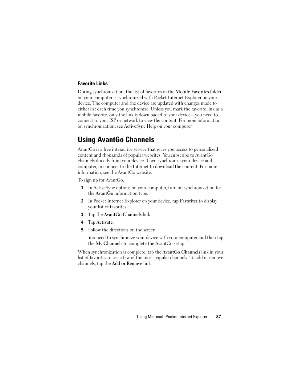 Favorite links, Using avantgo channels | Dell Axim X50 User Manual | Page 87 / 174