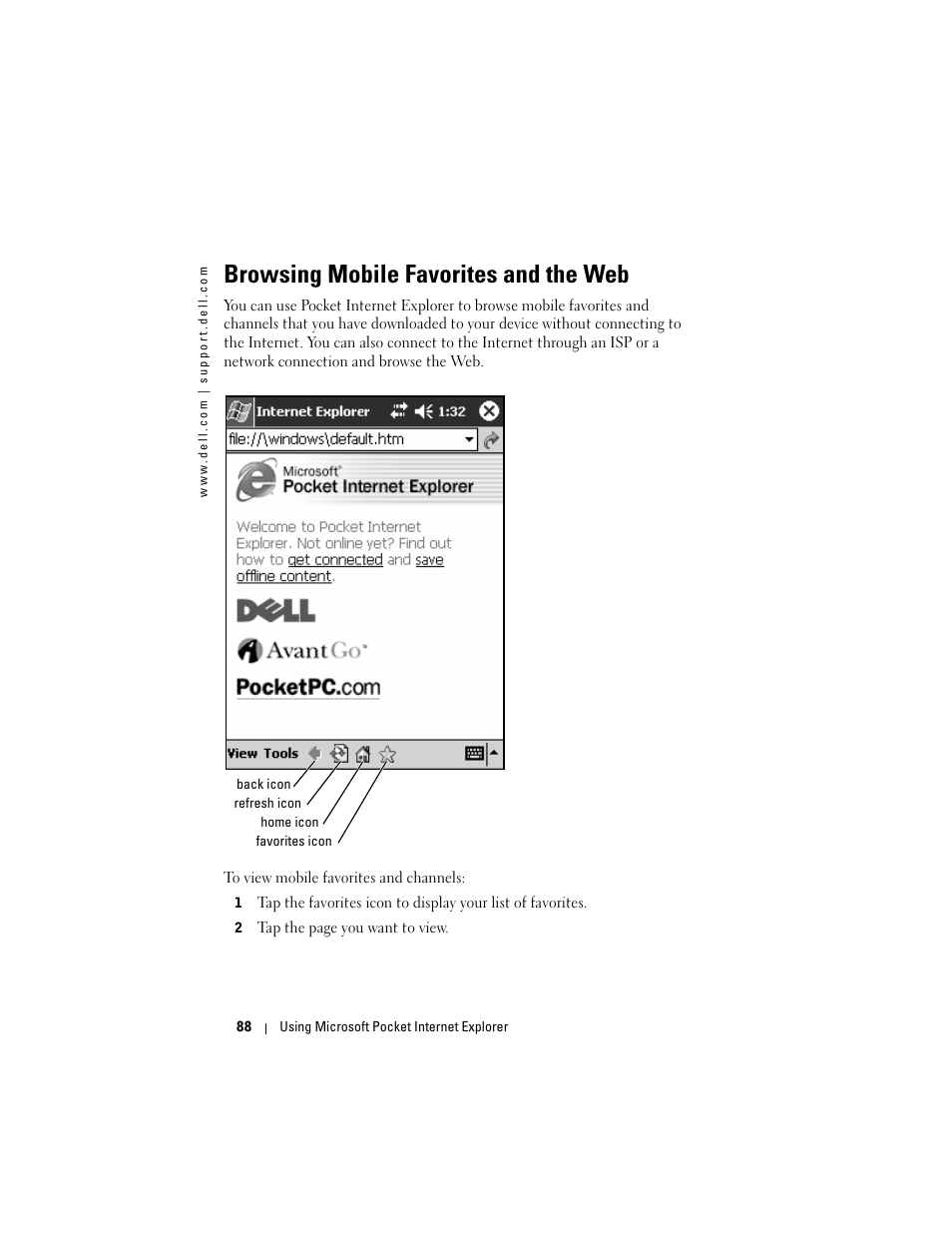 Browsing mobile favorites and the web | Dell Axim X50 User Manual | Page 88 / 174