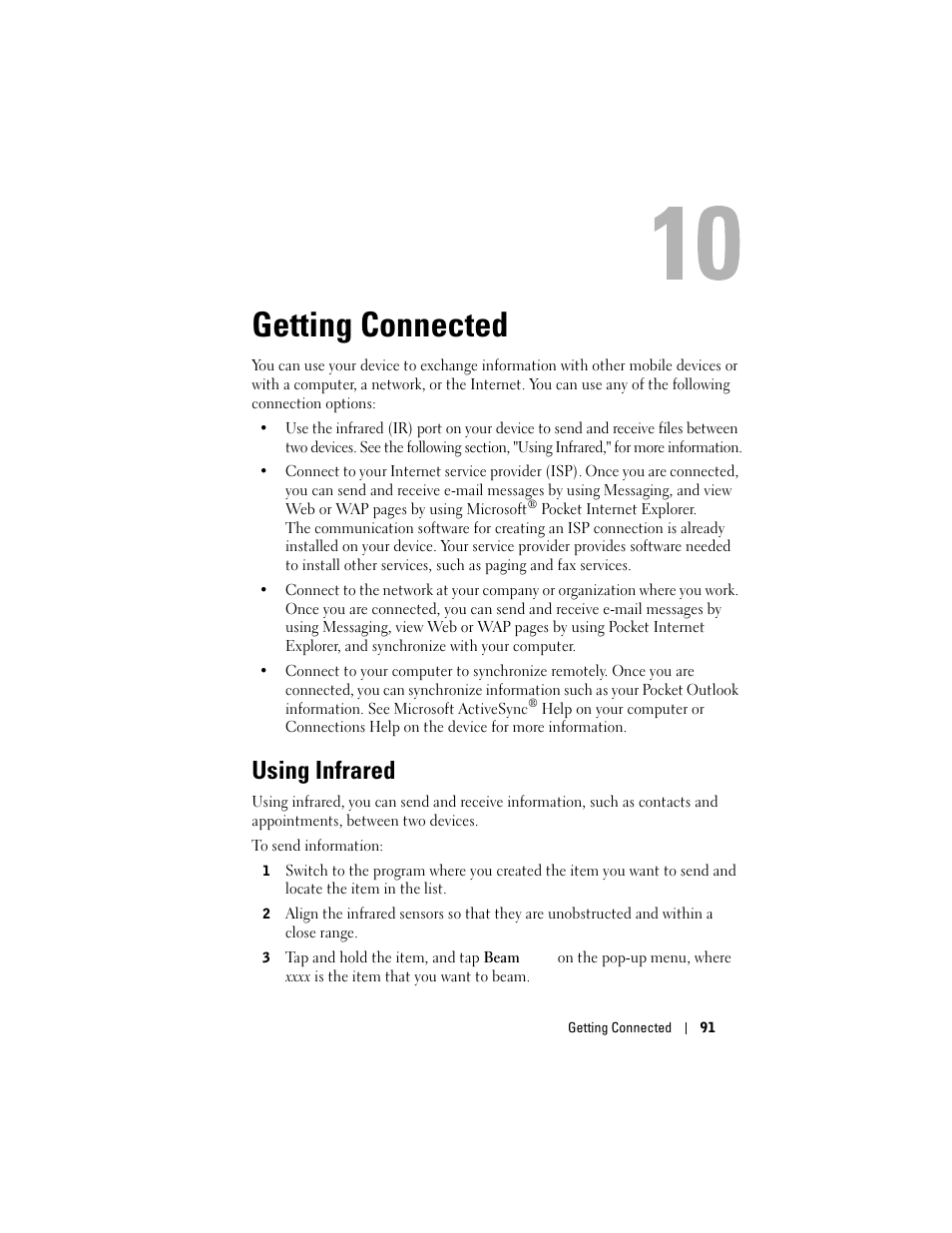 Getting connected, Using infrared, 10 getting connected | Dell Axim X50 User Manual | Page 91 / 174