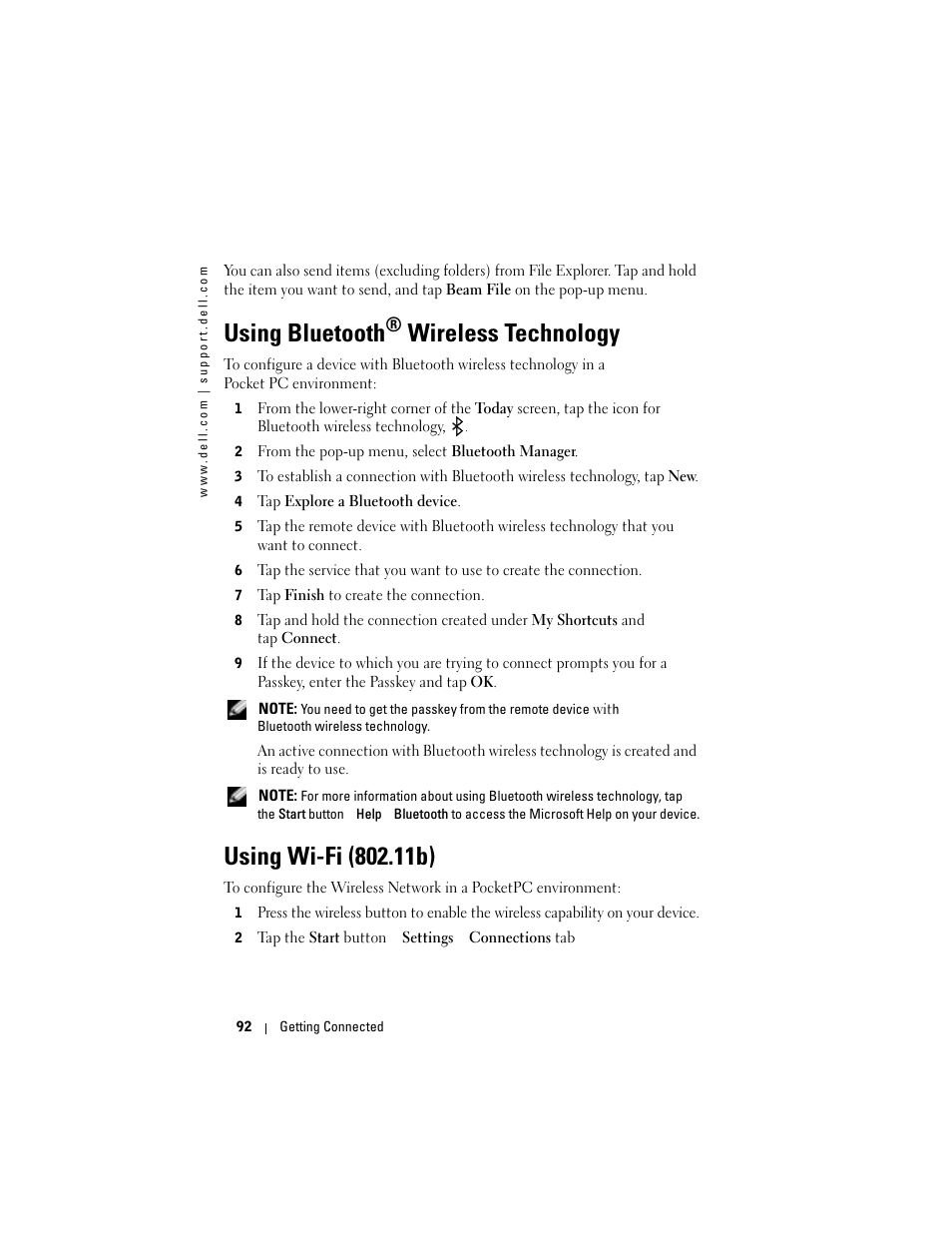 Using bluetooth® wireless technology, Using wi-fi (802.11b), Using bluetooth | Wireless technology | Dell Axim X50 User Manual | Page 92 / 174