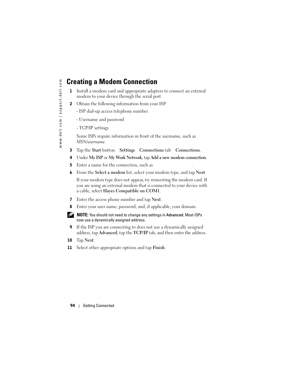Creating a modem connection | Dell Axim X50 User Manual | Page 94 / 174
