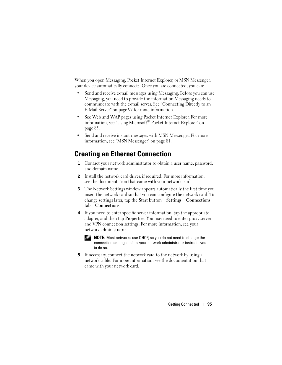 Creating an ethernet connection | Dell Axim X50 User Manual | Page 95 / 174