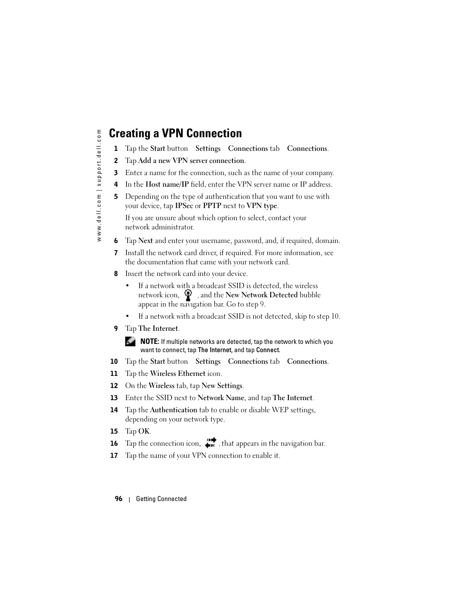 Creating a vpn connection | Dell Axim X50 User Manual | Page 96 / 174