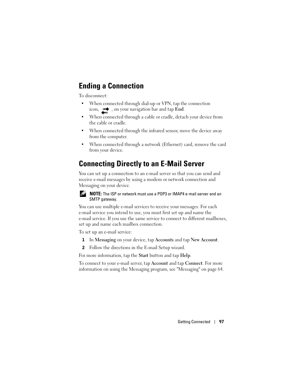 Ending a connection, Connecting directly to an e-mail server | Dell Axim X50 User Manual | Page 97 / 174