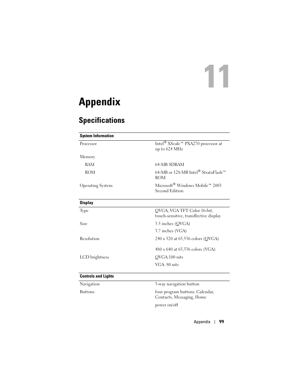 Appendix, Specifications, 11 appendix | Dell Axim X50 User Manual | Page 99 / 174
