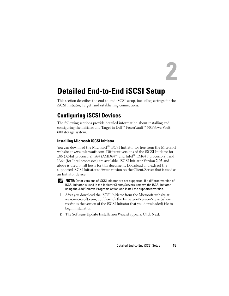 Detailed end-to-end iscsi setup, Configuring iscsi devices, Installing microsoft iscsi initiator | Dell PowerVault DP500 User Manual | Page 15 / 44