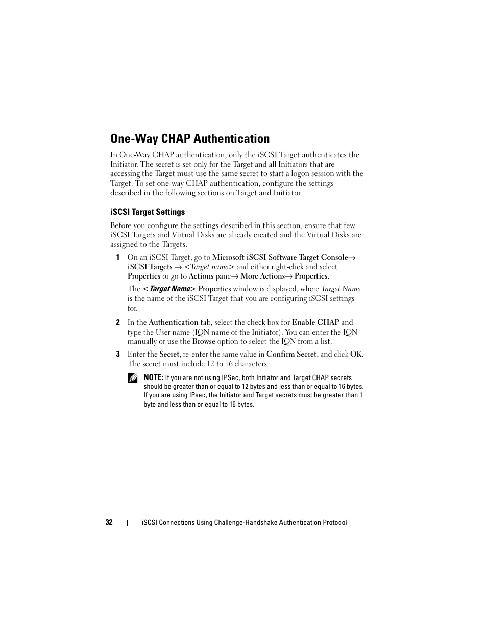 One-way chap authentication, Iscsi target settings | Dell PowerVault DP500 User Manual | Page 32 / 44