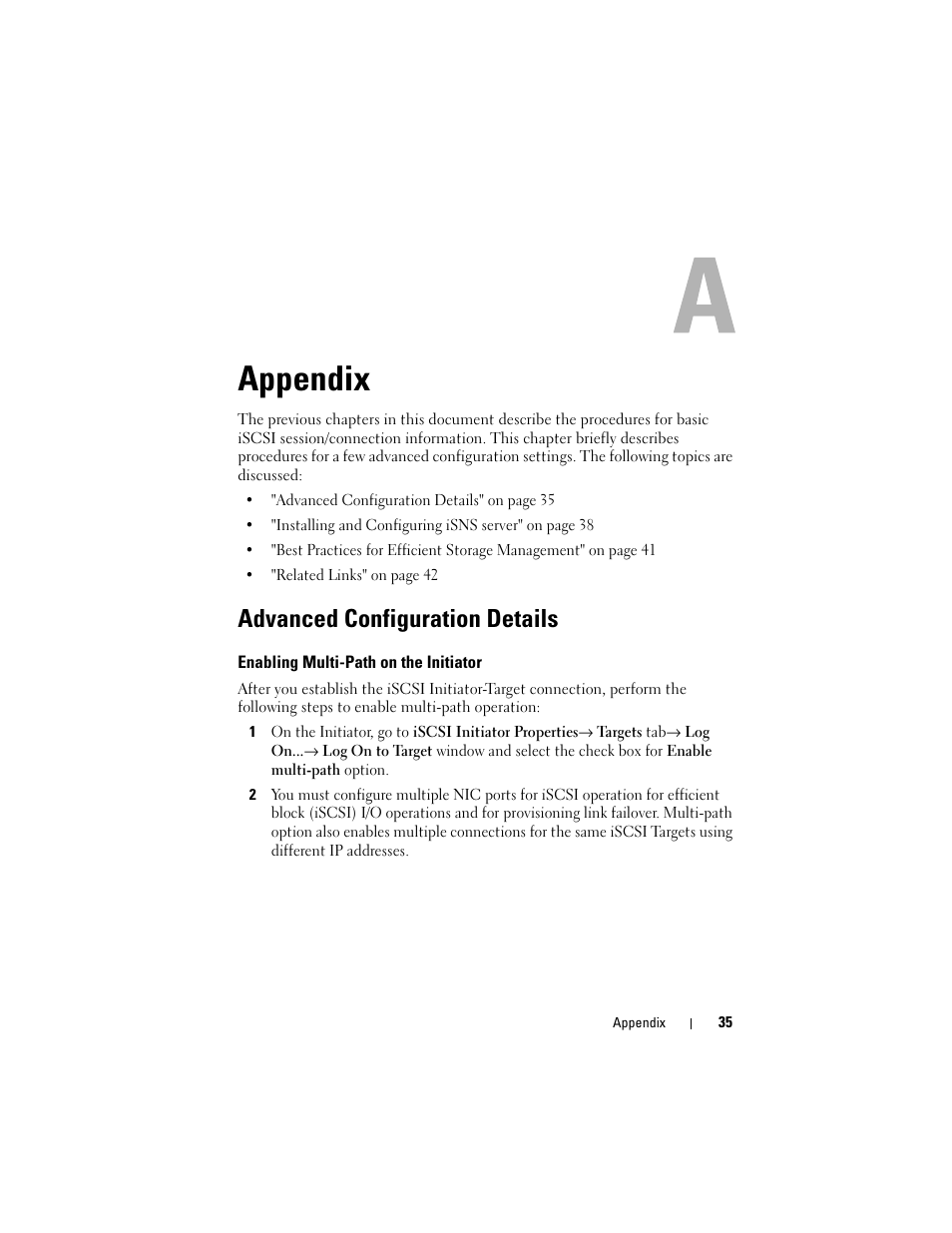 Appendix, Advanced configuration details, Enabling multi-path on the initiator | Dell PowerVault DP500 User Manual | Page 35 / 44