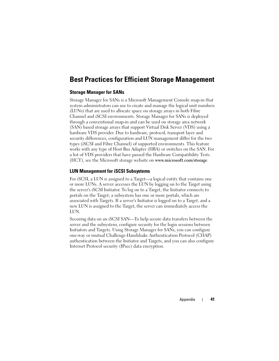 Best practices for efficient storage management, Storage manager for sans, Lun management for iscsi subsystems | Dell PowerVault DP500 User Manual | Page 41 / 44