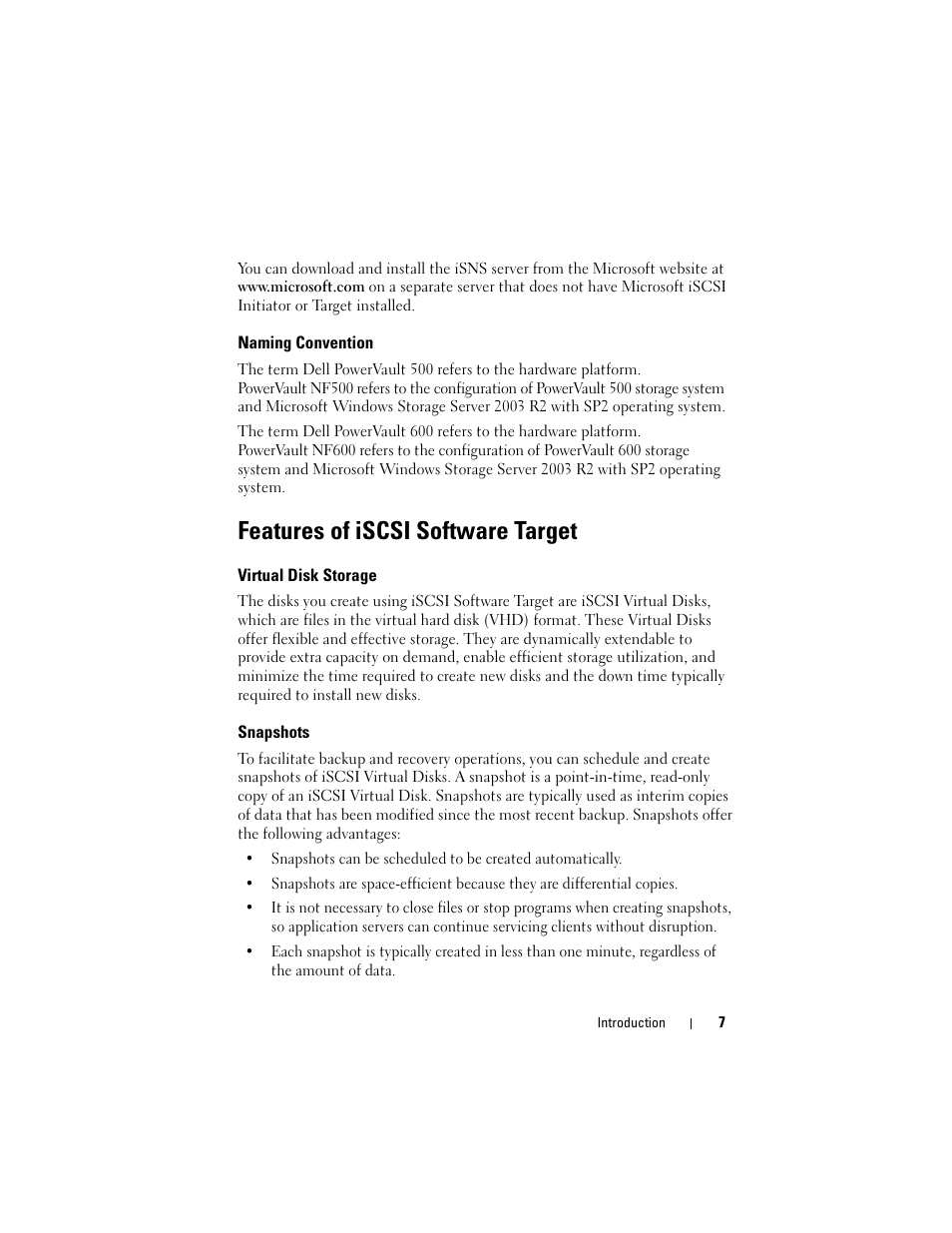 Naming convention, Features of iscsi software target, Virtual disk storage | Snapshots | Dell PowerVault DP500 User Manual | Page 7 / 44