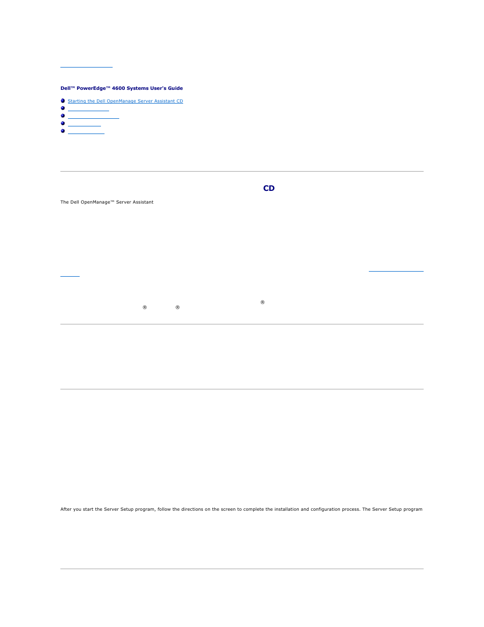 Using the dell openmanage server assistant cd, Starting the dell openmanage server assistant cd, Navigating the cd | Setting up your server, Setup mode, Service mode, Server setup | Dell PowerEdge 4600 User Manual | Page 20 / 42