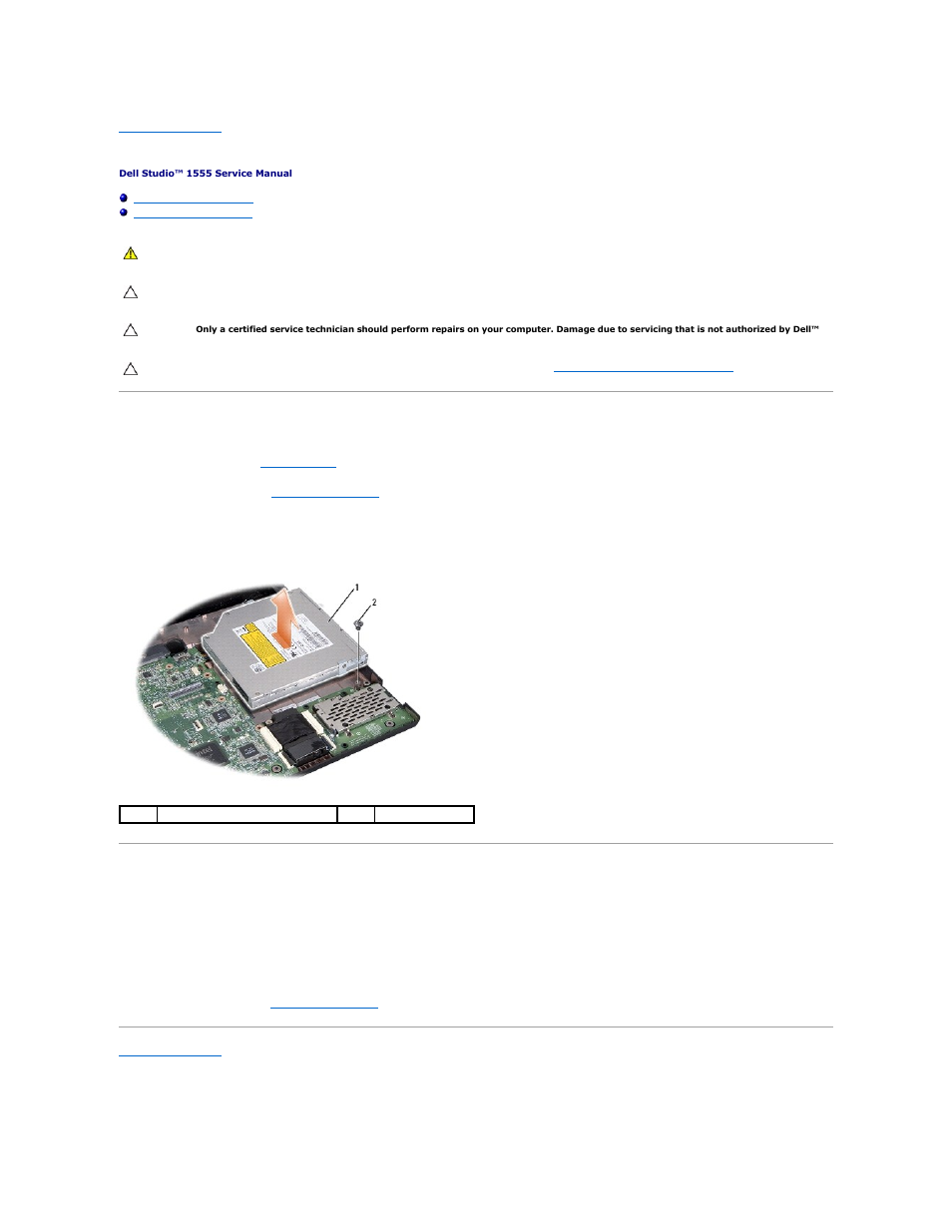 Optical drive, Removing the optical drive, Replacing the optical drive | Dell Studio 1555 (Early 2009) User Manual | Page 35 / 49