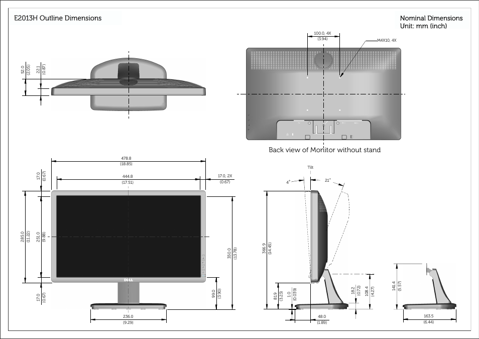 页面 1, New_view_1, 顶部_2 | 右边_3, New_view_4, New_view_8, Back view of monitor without stand | Dell E2213H Monitor User Manual | Page 2 / 4
