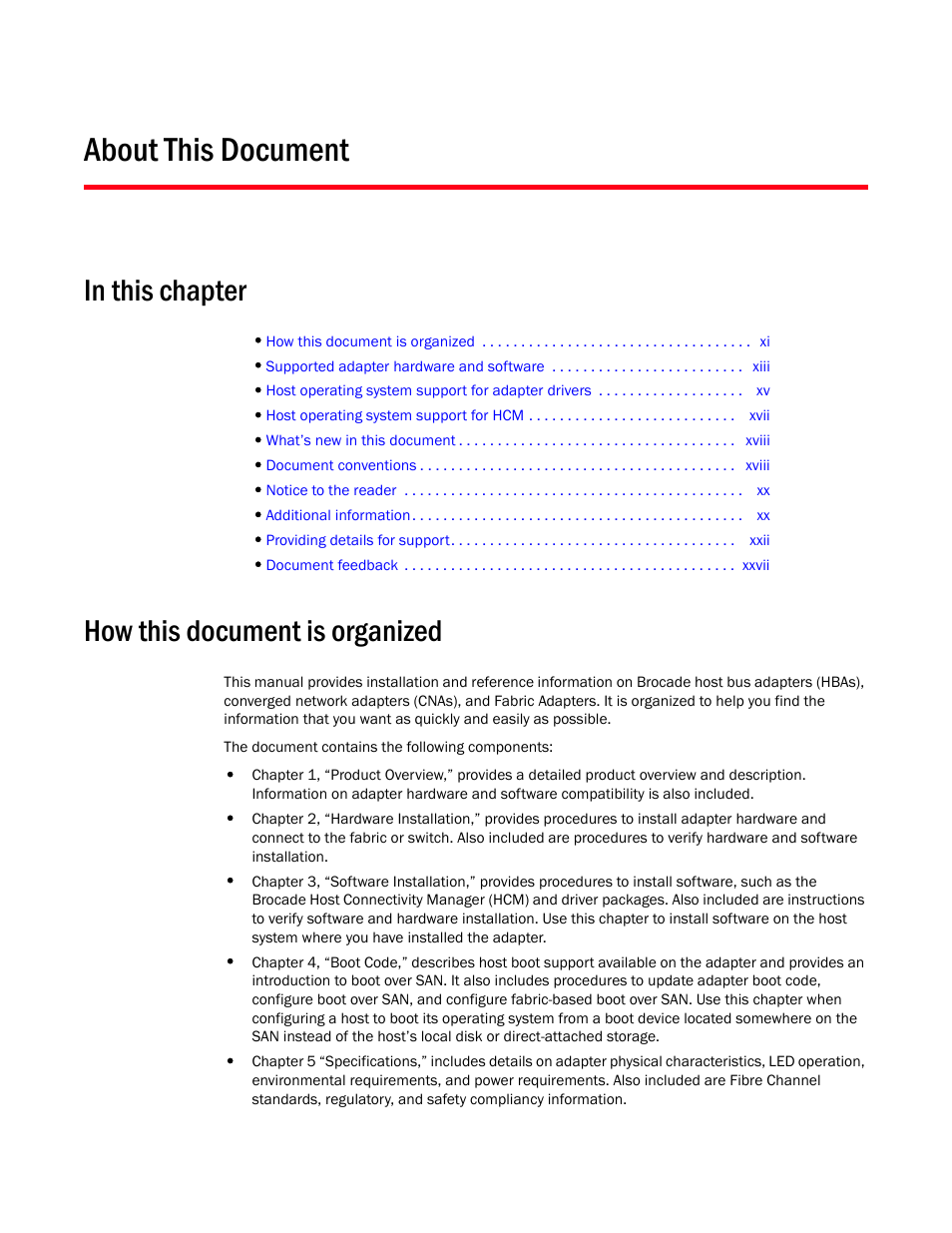 About this document, In this chapter, How this document is organized | Dell Brocade Adapters User Manual | Page 11 / 272