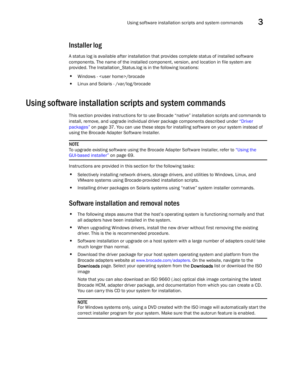 Installer log, Software installation and removal notes, Ns under | Using software installation scripts and system, Commands, Ed under, Using software, Installation scripts and system commands, Using software installation scripts, And system commands | Dell Brocade Adapters User Manual | Page 117 / 272