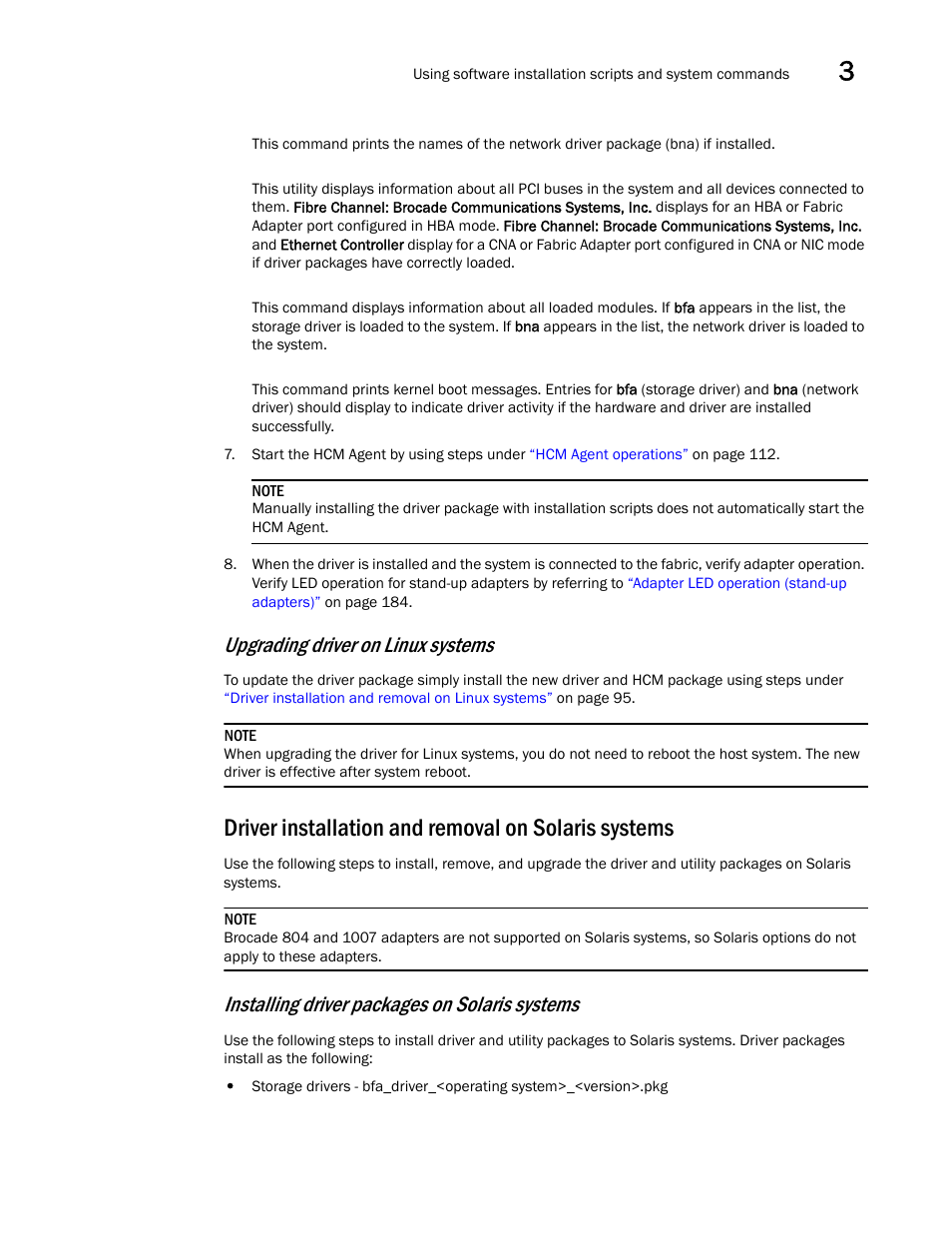 Driver installation and removal on solaris systems, Upgrading driver on linux systems, Installing driver packages on solaris systems | Dell Brocade Adapters User Manual | Page 125 / 272