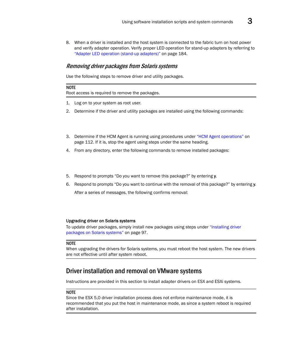 Driver installation and removal on vmware systems, Driver, Installation and removal on vmware systems | Removing driver packages from solaris systems | Dell Brocade Adapters User Manual | Page 127 / 272