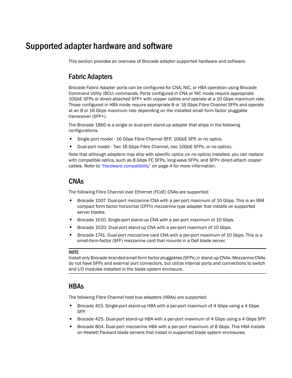 Supported adapter hardware and software, Fabric adapters, Cnas | Hbas | Dell Brocade Adapters User Manual | Page 13 / 272