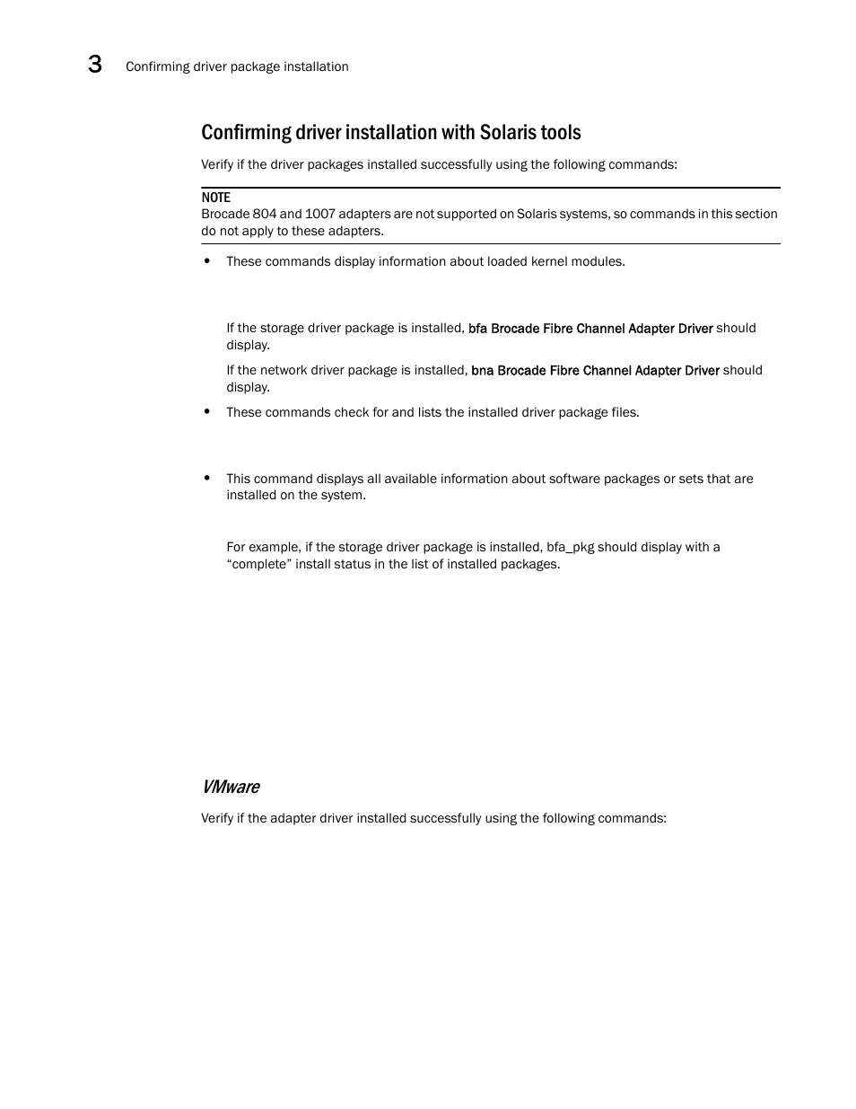 Confirming driver installation with solaris tools, Vmware | Dell Brocade Adapters User Manual | Page 134 / 272