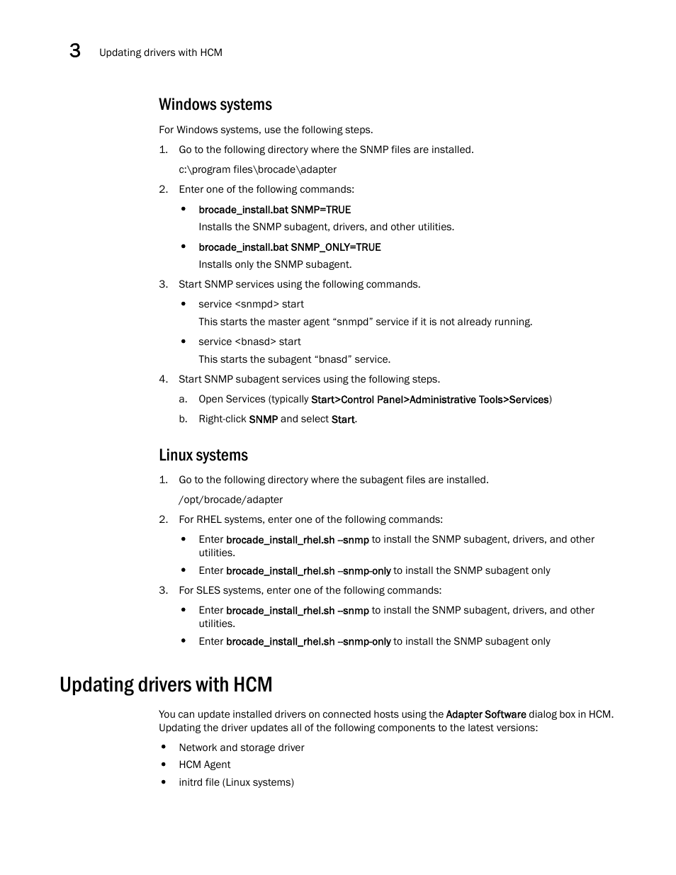 Windows systems, Linux systems, Updating drivers with hcm | Dell Brocade Adapters User Manual | Page 138 / 272