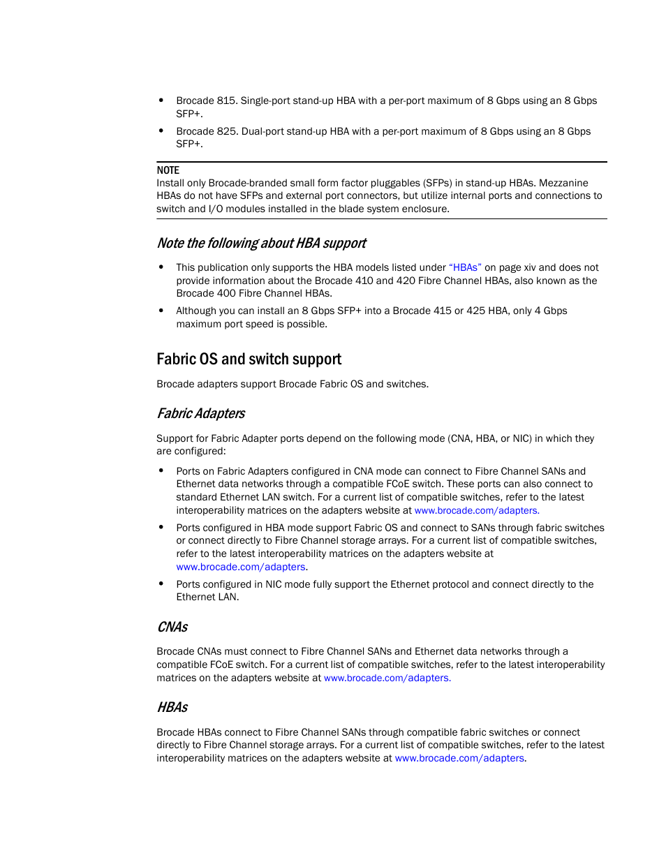 Fabric os and switch support, Fabric adapters, Cnas | Hbas | Dell Brocade Adapters User Manual | Page 14 / 272