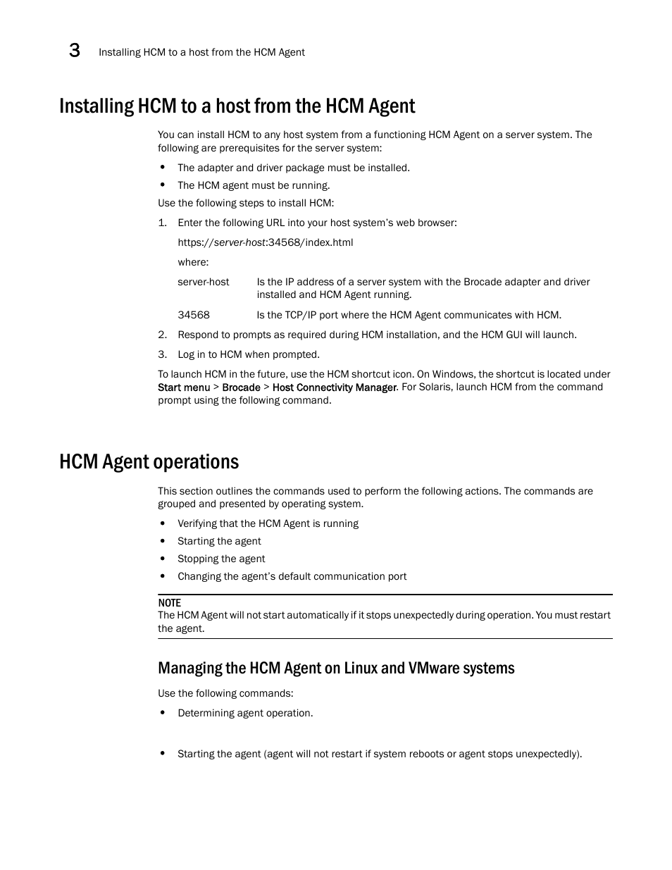 Installing hcm to a host from the hcm agent, Hcm agent operations, Managing the hcm agent on linux and vmware systems | Hcm agent, Operations, Under, Edures under | Dell Brocade Adapters User Manual | Page 140 / 272