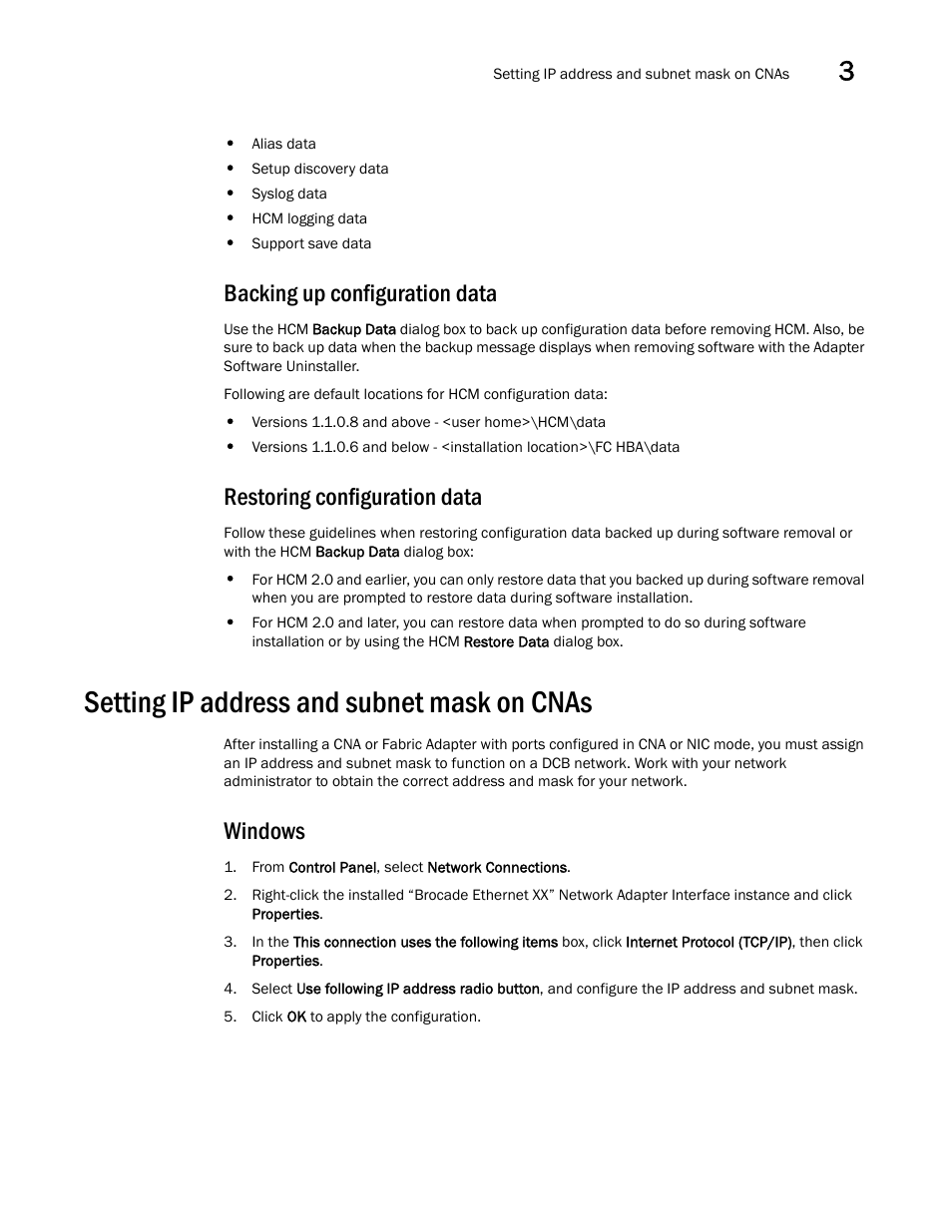 Backing up configuration data, Restoring configuration data, Setting ip address and subnet mask on cnas | Windows | Dell Brocade Adapters User Manual | Page 143 / 272