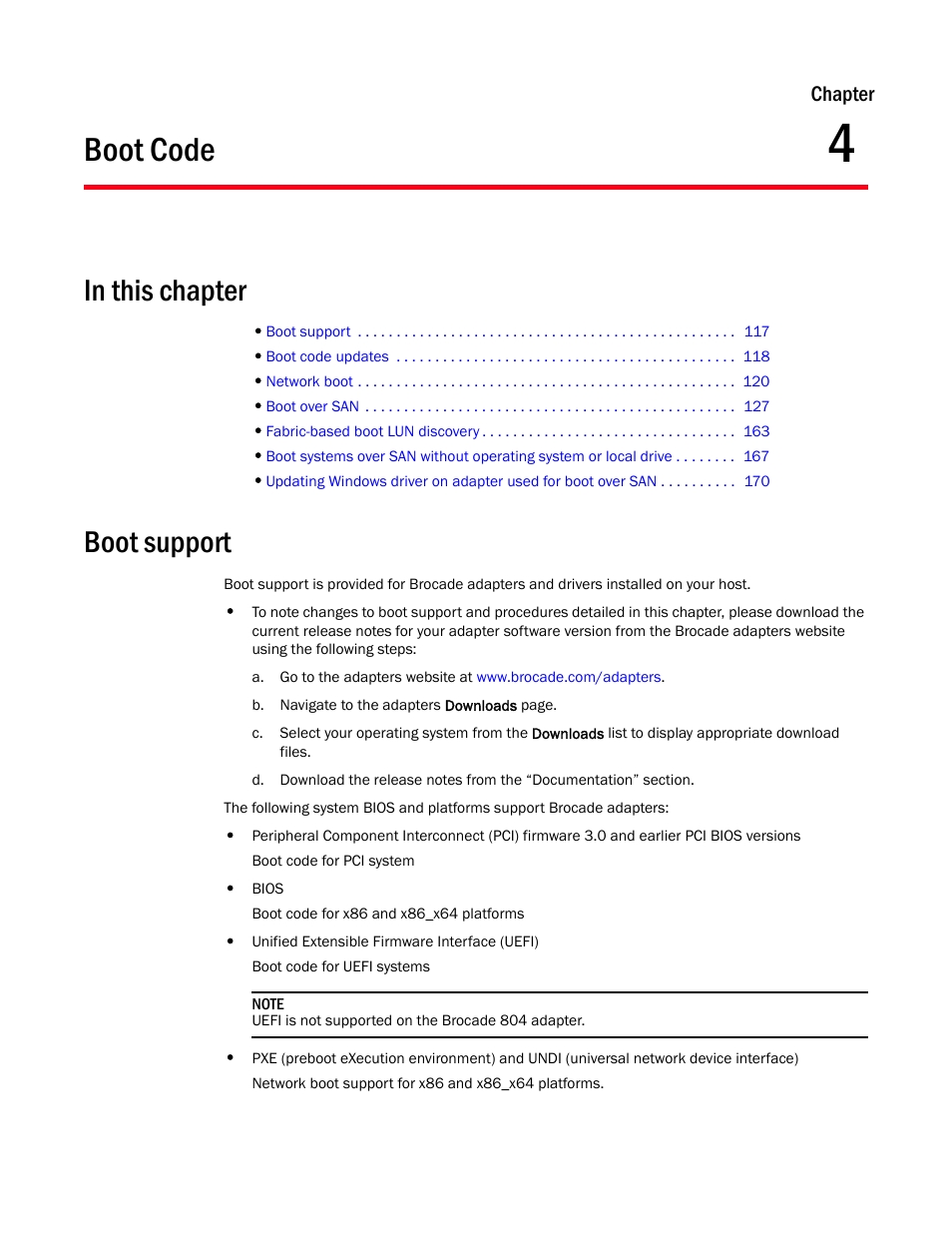Boot code, In this chapter, Boot support | Chapter 4, Chapter 4, “boot code | Dell Brocade Adapters User Manual | Page 145 / 272