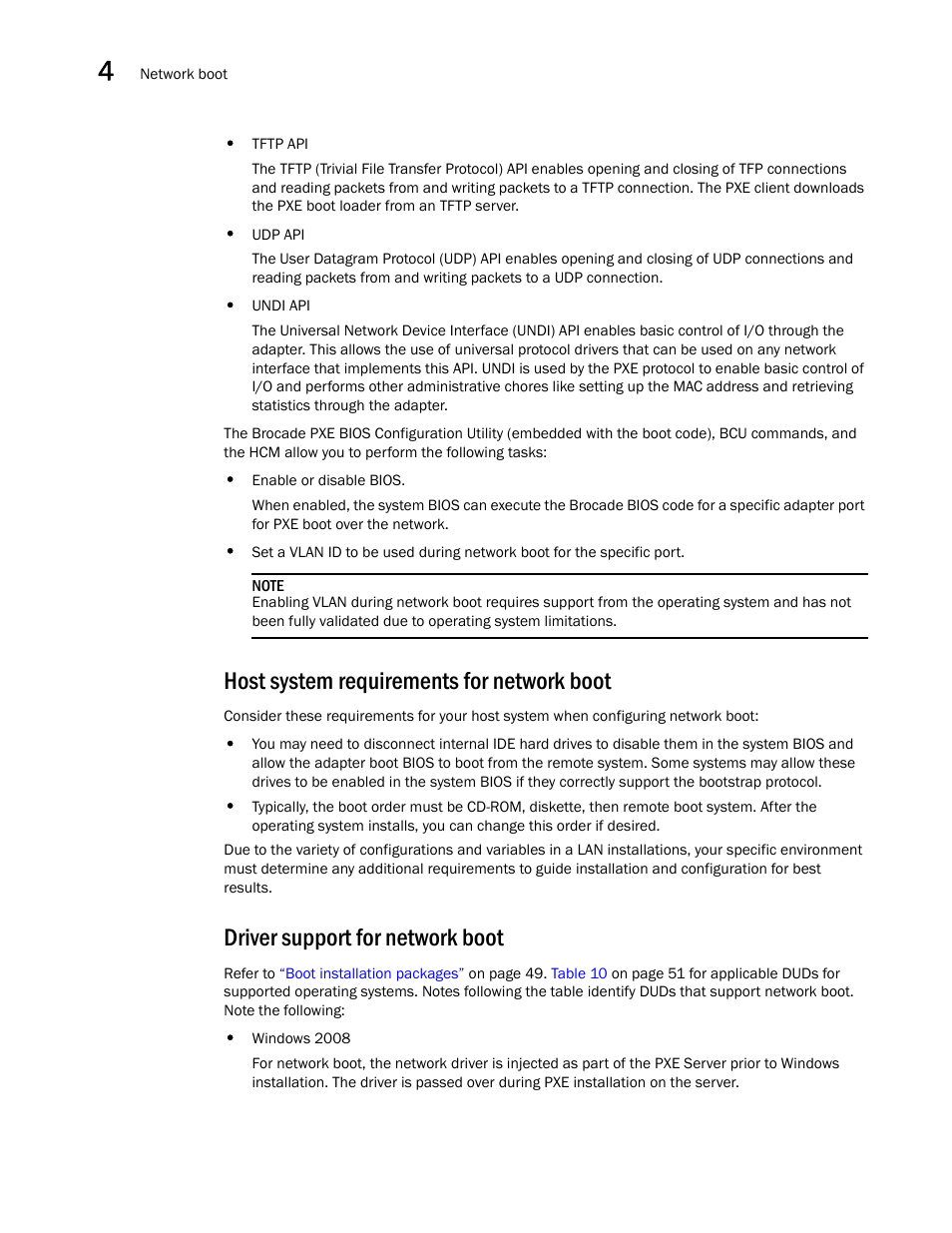 Host system requirements for network boot, Driver support for network boot | Dell Brocade Adapters User Manual | Page 150 / 272