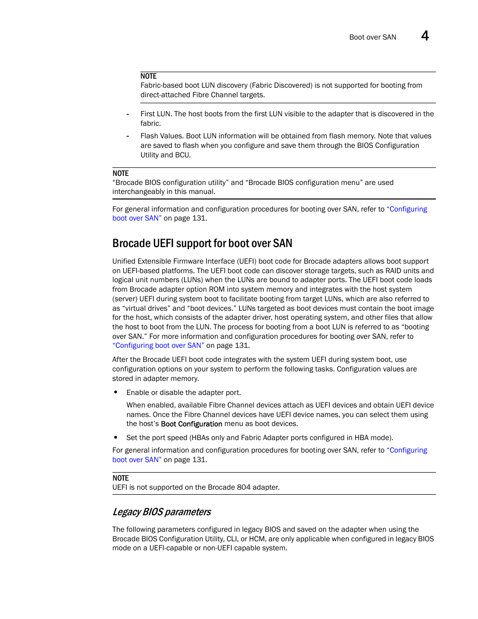 Brocade uefi support for boot over san, Legacy bios parameters | Dell Brocade Adapters User Manual | Page 157 / 272