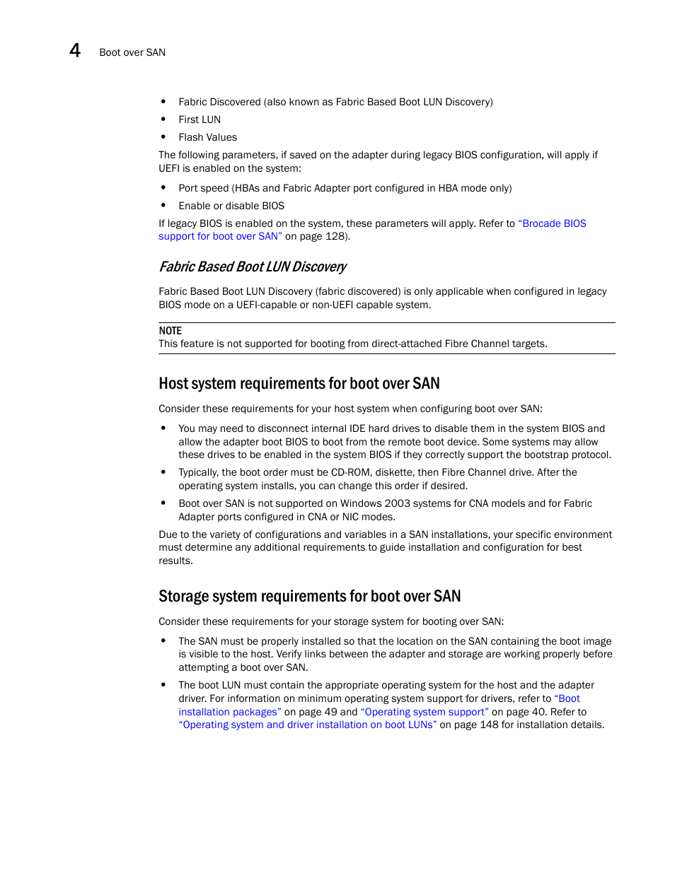 Host system requirements for boot over san, Storage system requirements for boot over san, Fabric based boot lun discovery | Dell Brocade Adapters User Manual | Page 158 / 272